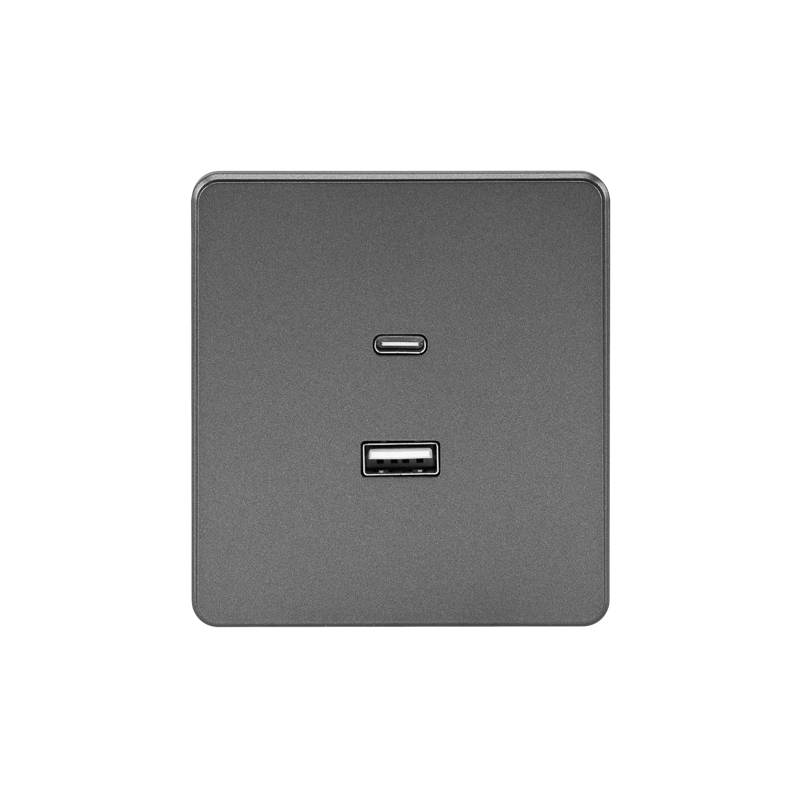 KRANZ ROUND Розетка USB-A+Type-C 3А с функцией быстрой зарядки титан , с 1-пост. рамкой