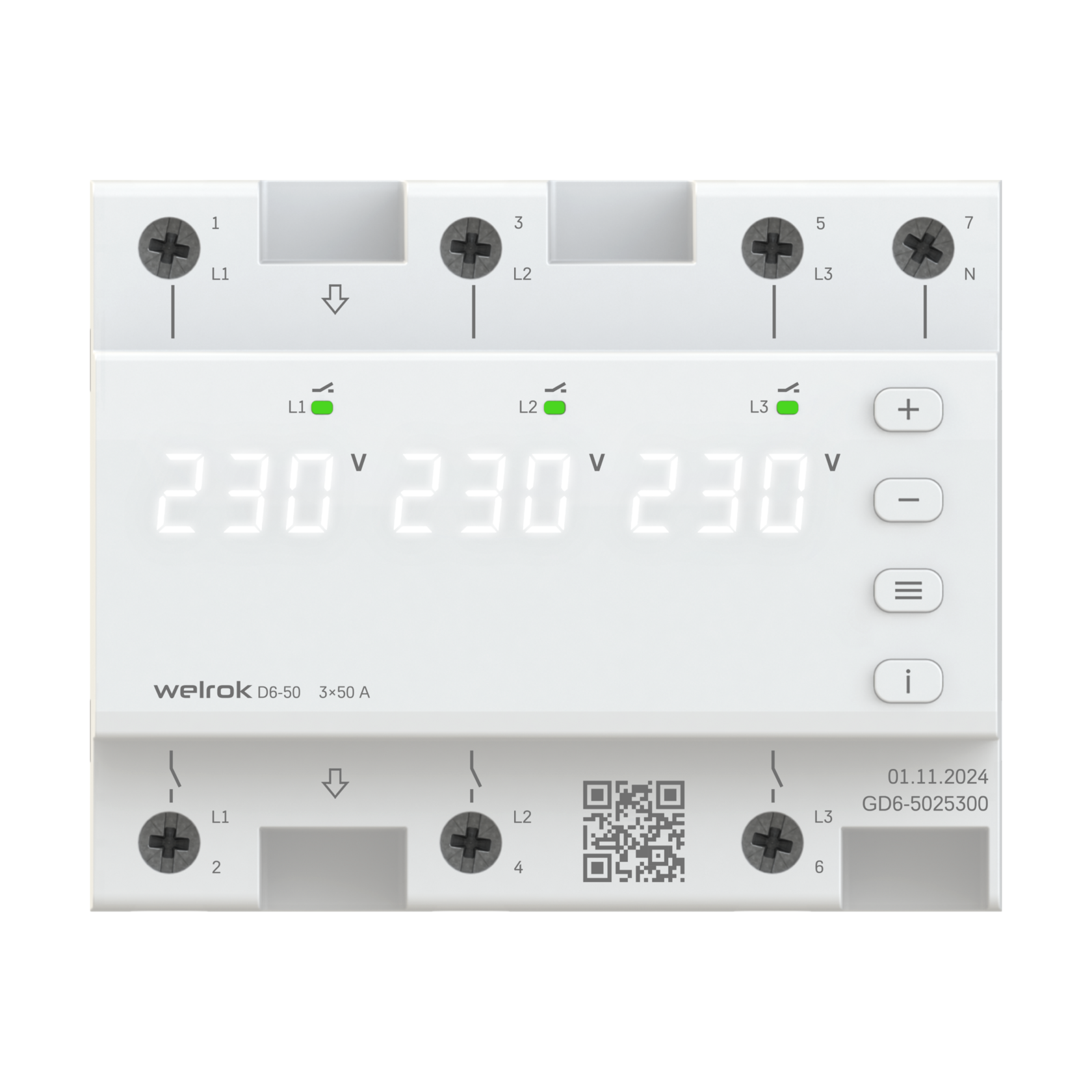 Welrok D6-50 Реле напряжения 3 х 50 А (max 3 х 60 A) 3 х 11 500 ВА