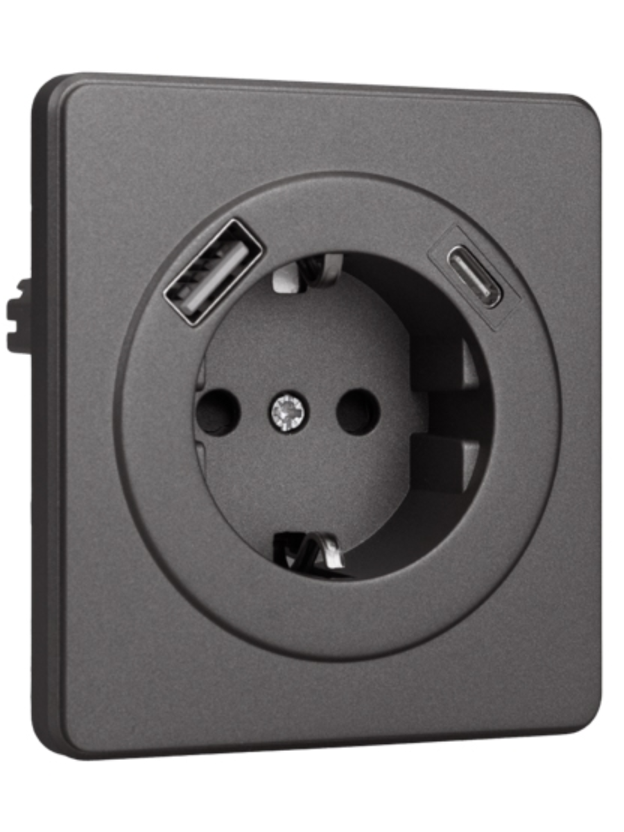 KRANZ ROUND Розетка 1-ая с/з с/у з/ш 16А с USB A+C быстрой зарядки 5В/3А титан, с 1-пост. рамкой