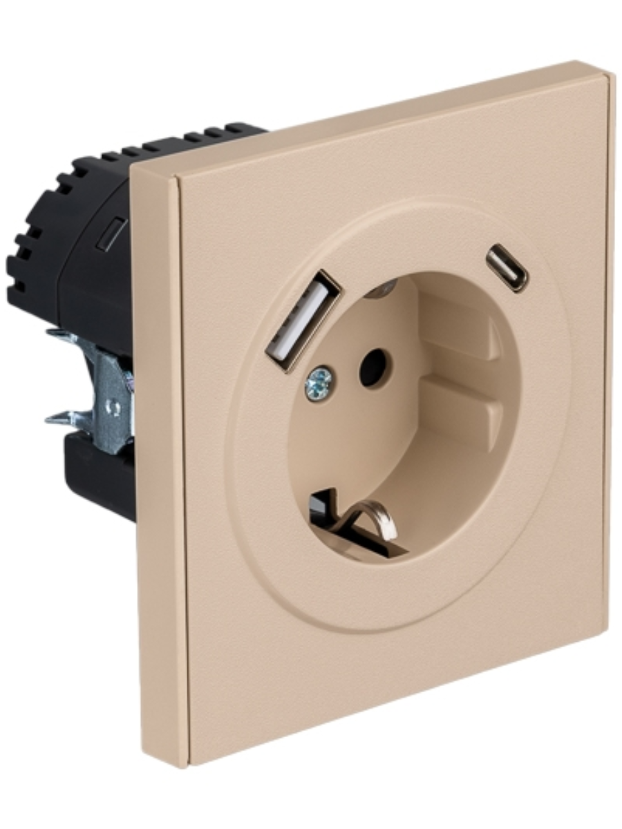 KRANZ STRONG Розетка 1-ая с/з с/у з/ш 16А с USB A+C быстрой зарядки 5В/3А шелк, с 1-пост. рамкой