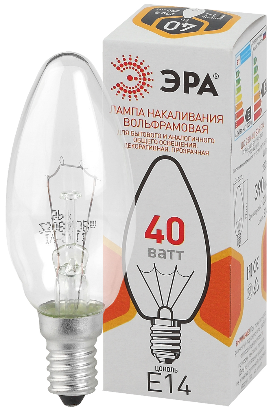 Лампочка ЭРА B36 40Вт Е14 / E14 230В свечка прозрачная цветная упаковка