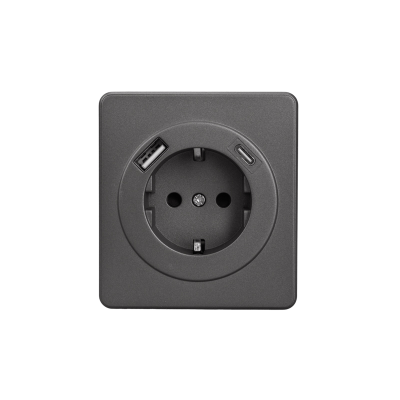 KRANZ ROUND Розетка 1-ая с/з с/у з/ш 16А с USB A+C быстрой зарядки 5В/3А титан, с 1-пост. рамкой