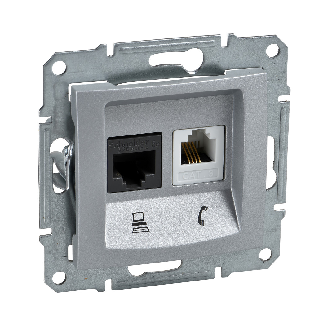 SE Sedna Алюминий Розетка 2-ая ТЛФ + компьютерная кат.5е UTP (RJ11+RJ45)