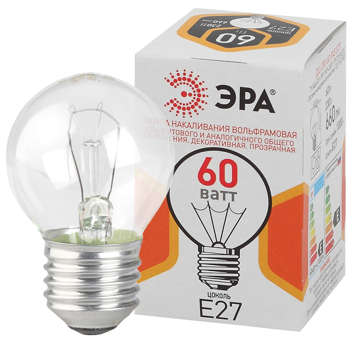 Лампочка ЭРА P45 60Вт Е27 / E27 230В шар прозрачный цветная упаковка