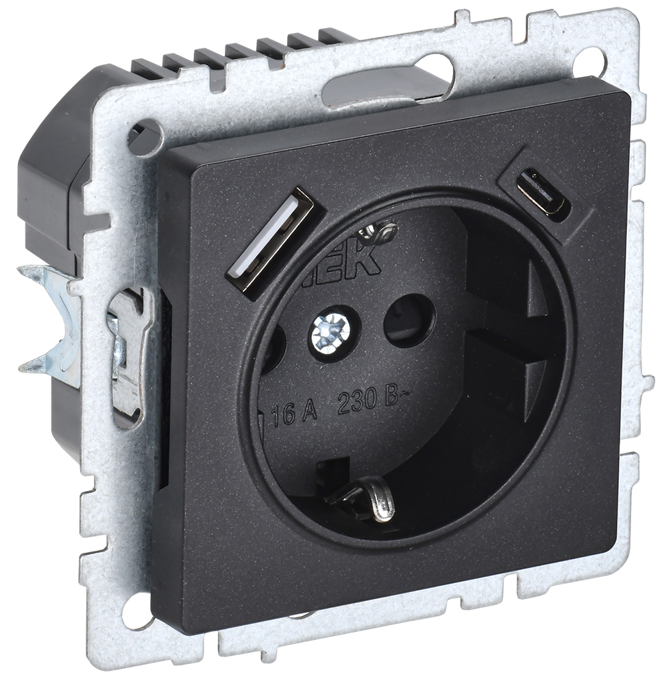IEK BRITE Роз. с з/к/ш 16А с USB A+C 18Вт РЮш11-1-БрЧ черн.