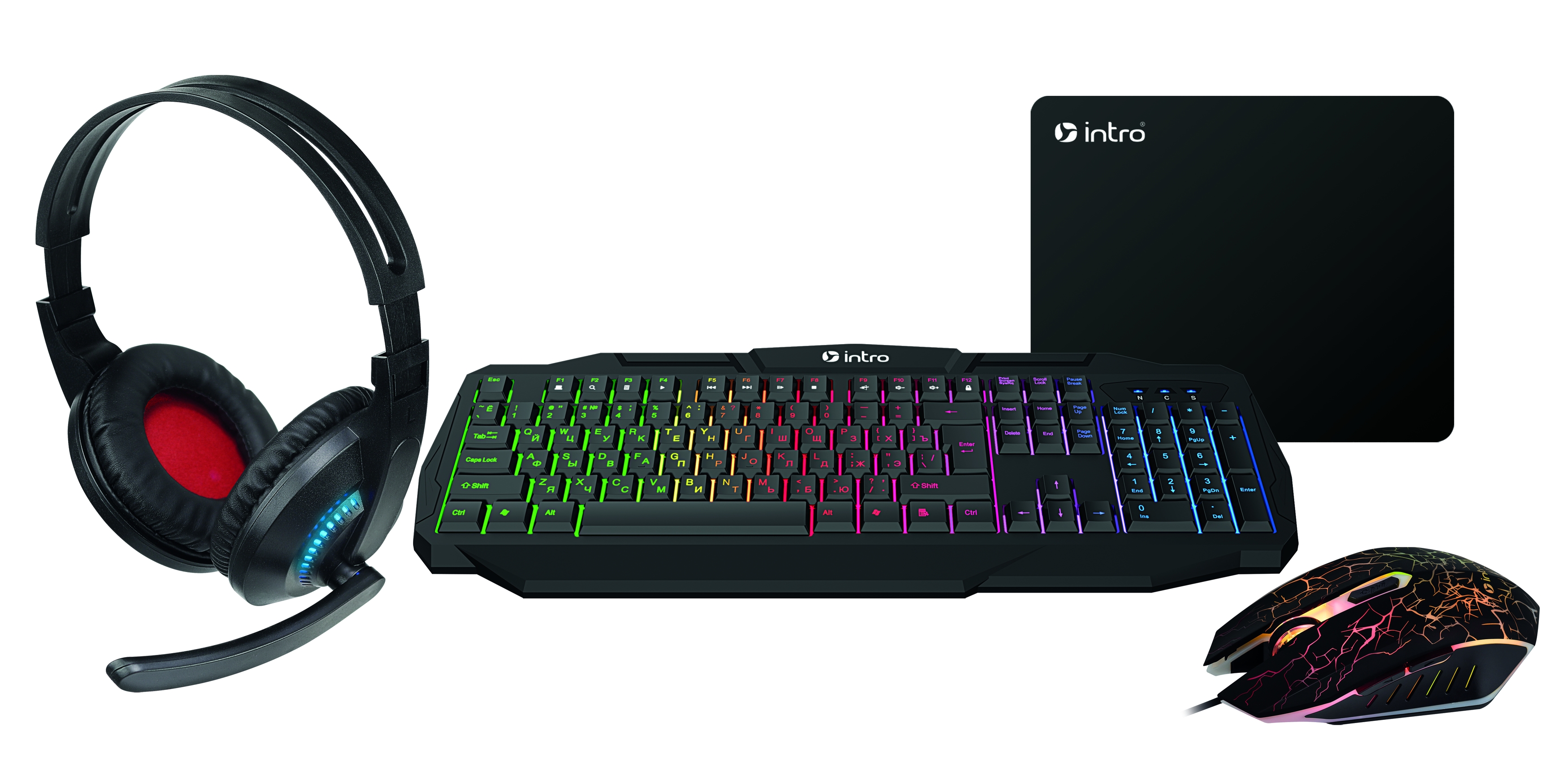 Клавиатура и мышь комплект Intro GXZ900 игровой 1200-3600dpi + коврик + гарнитура черный