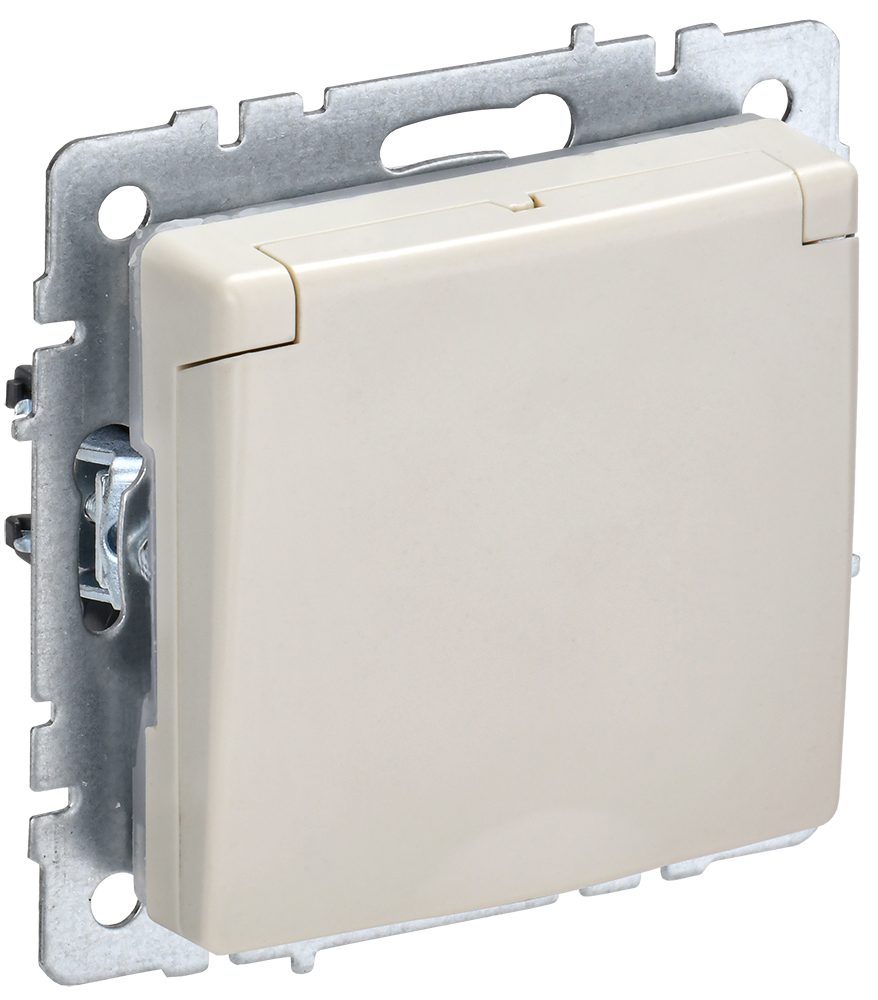 IEK BRITE Розетка 1-местная с заземлением с защитными шторками и крышкой 16А IP44 РСбш10-3-44-БрКр бежевый