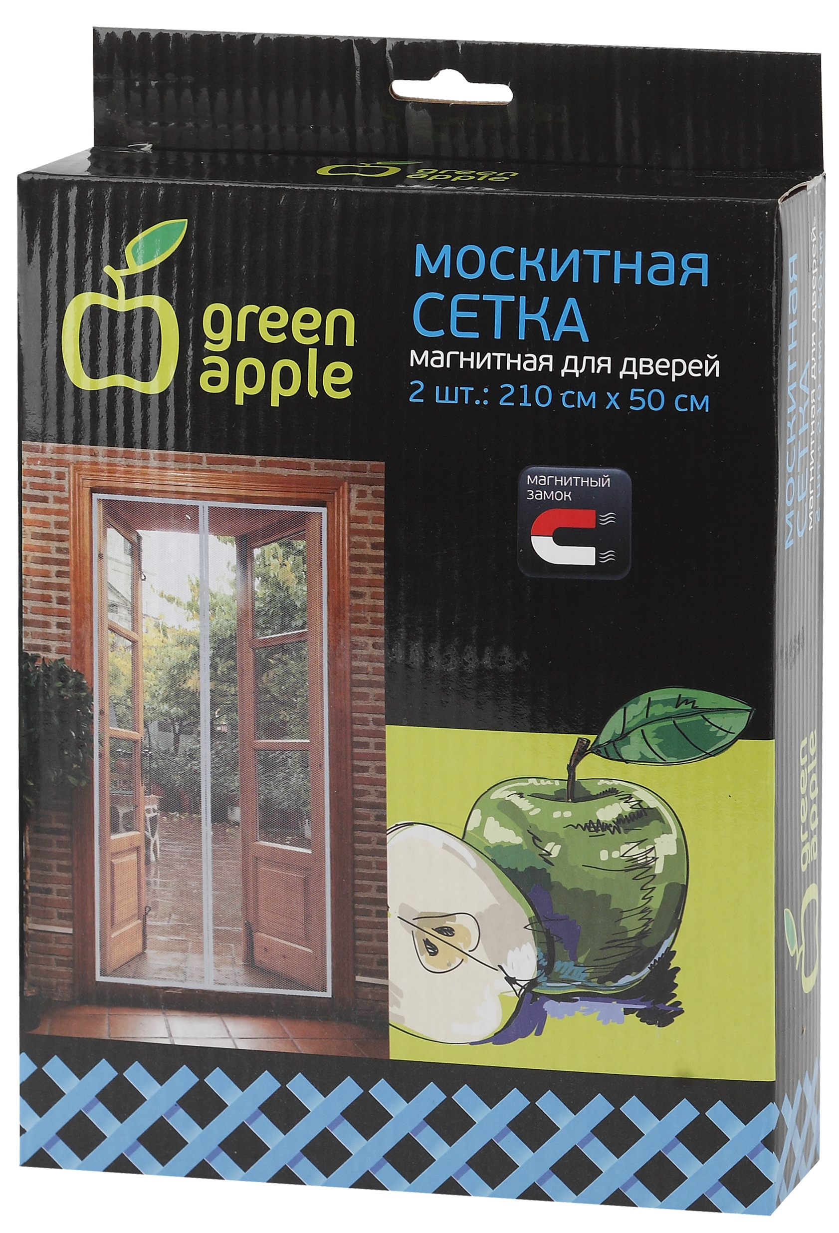 GBN007 GREEN APPLE Магнитная сетка на дверь 2штx210смx50см, магнитный замок, 12шт липучка крепежная,