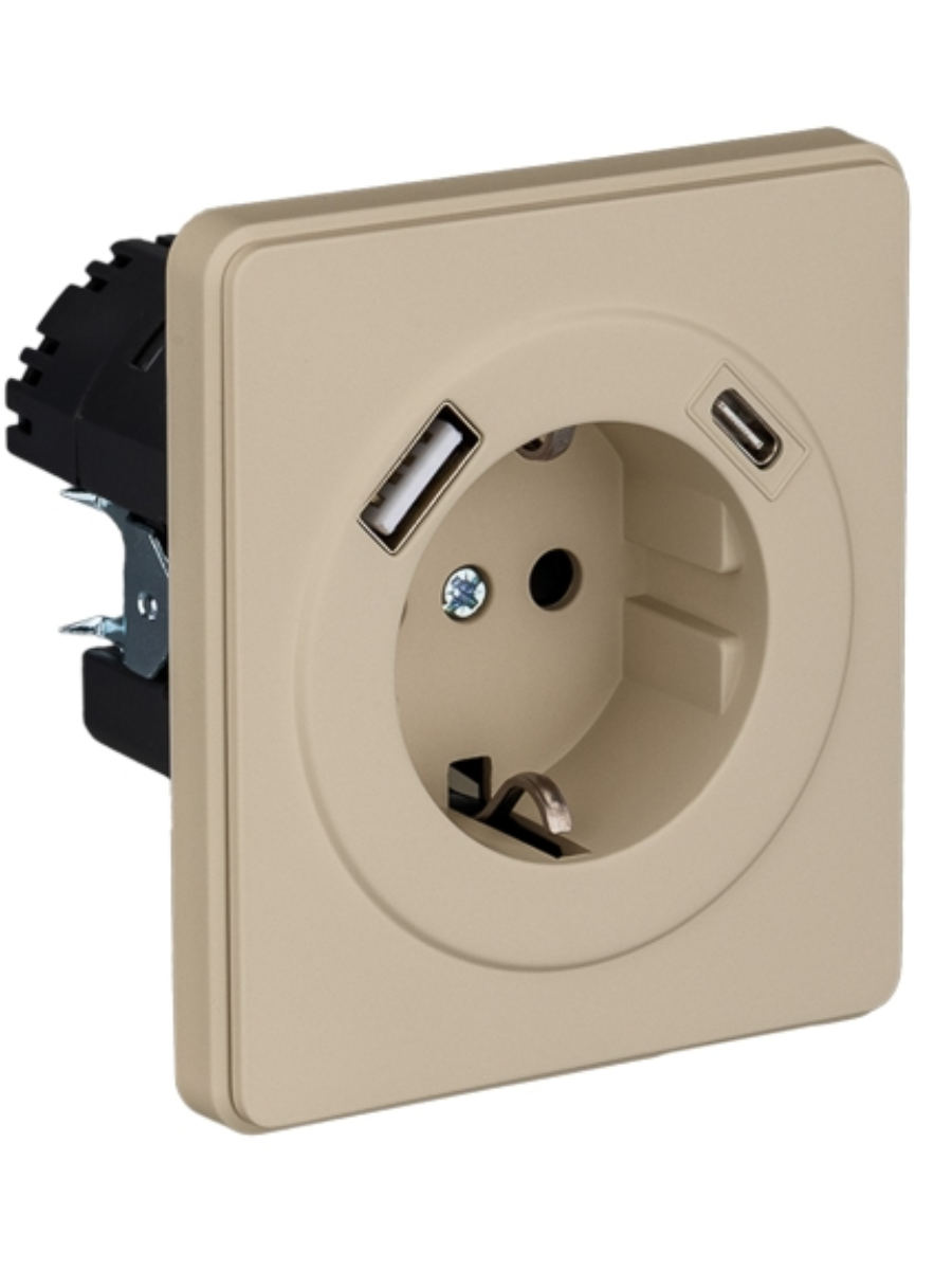 KRANZ ROUND Розетка 1-ая с/з с/у з/ш 16А с USB A+C быстрой зарядки 5В/3А шелк, с 1-пост. рамкой