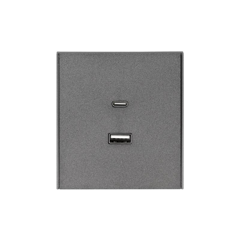 KRANZ STRONG Розетка  USB-A+Type-C 3А с функцией быстрой зарядки графит , с 1-пост. рамкой