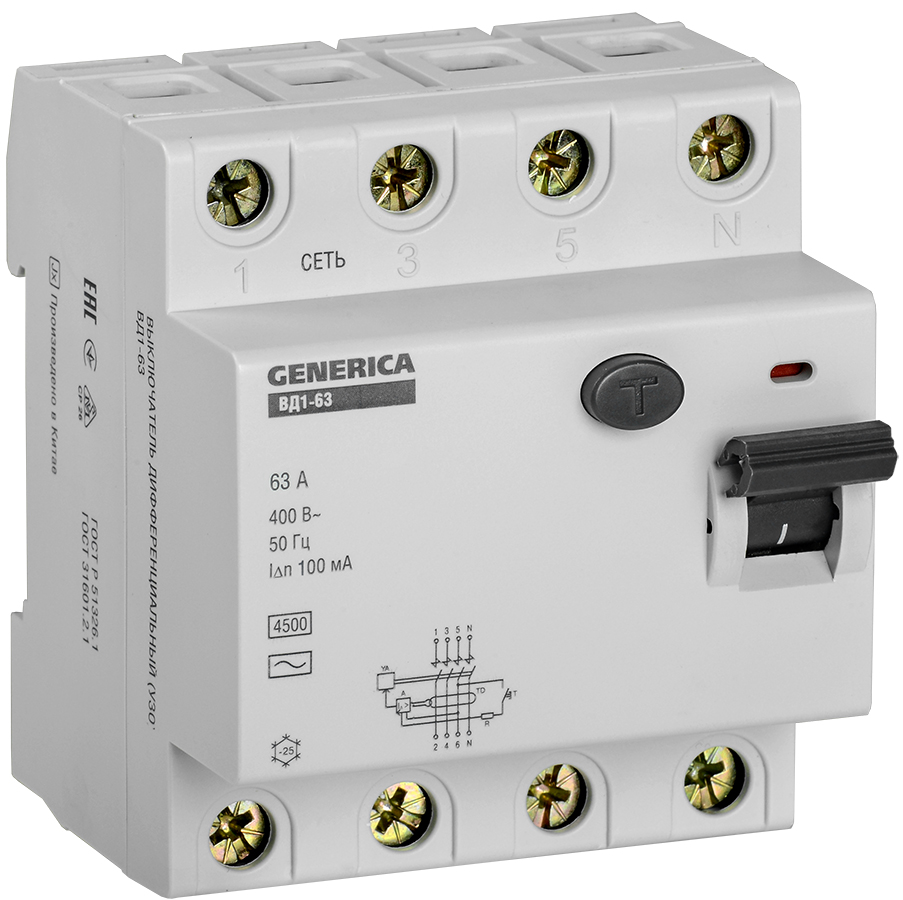 IEK GENERICA   УЗО ВД1-63 4Р 63А 100мА