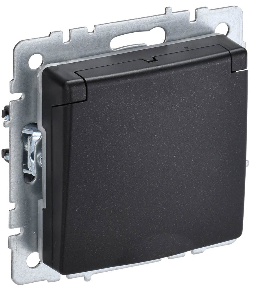 IEK BRITE Розетка 1-местная с заземлением с защитными шторками и крышкой 16А IP44 РСбш10-3-44-БрЧ черный