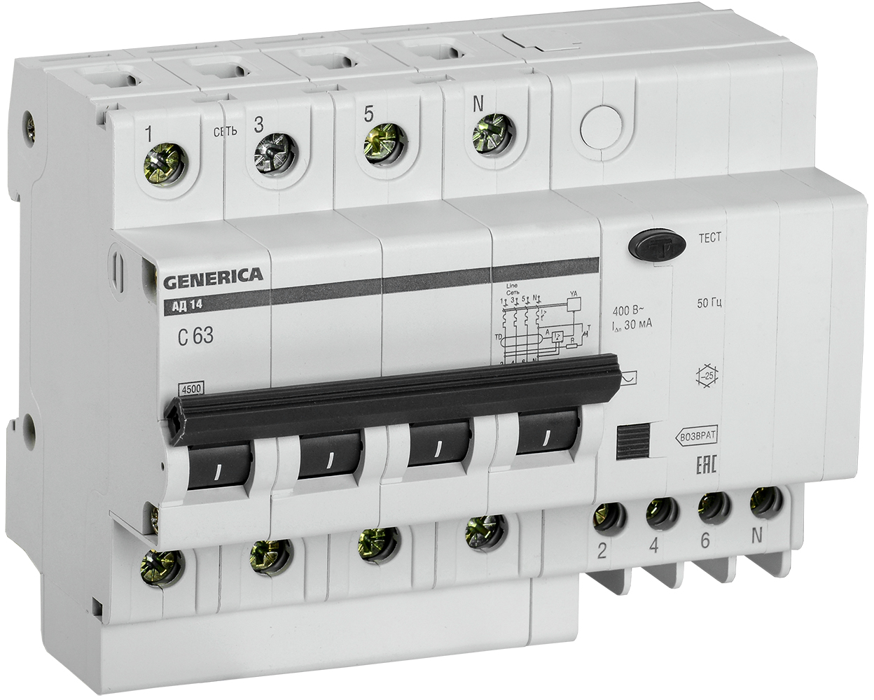 IEK GENERICA Диф.автомат АД14 4Р 63А 30мА
