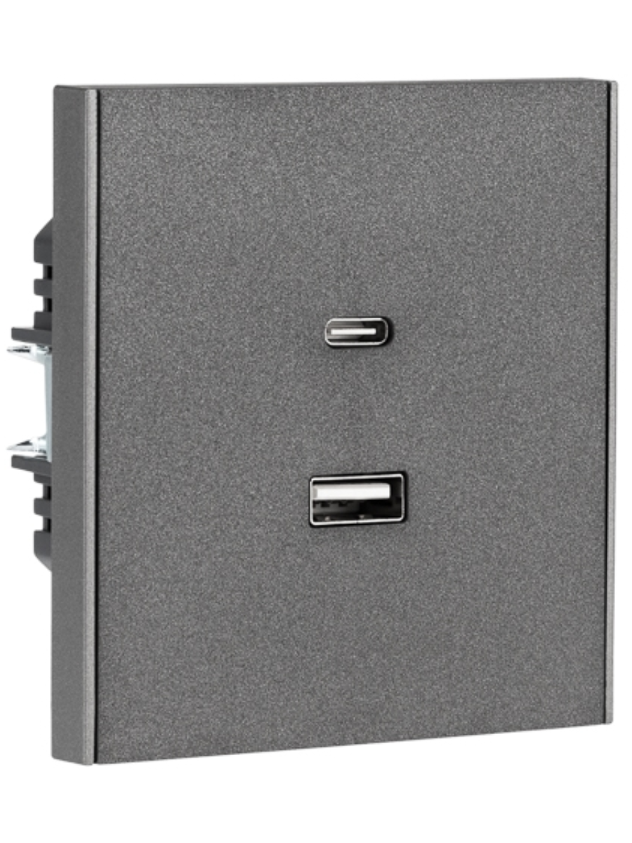 KRANZ STRONG Розетка  USB-A+Type-C 3А с функцией быстрой зарядки графит , с 1-пост. рамкой