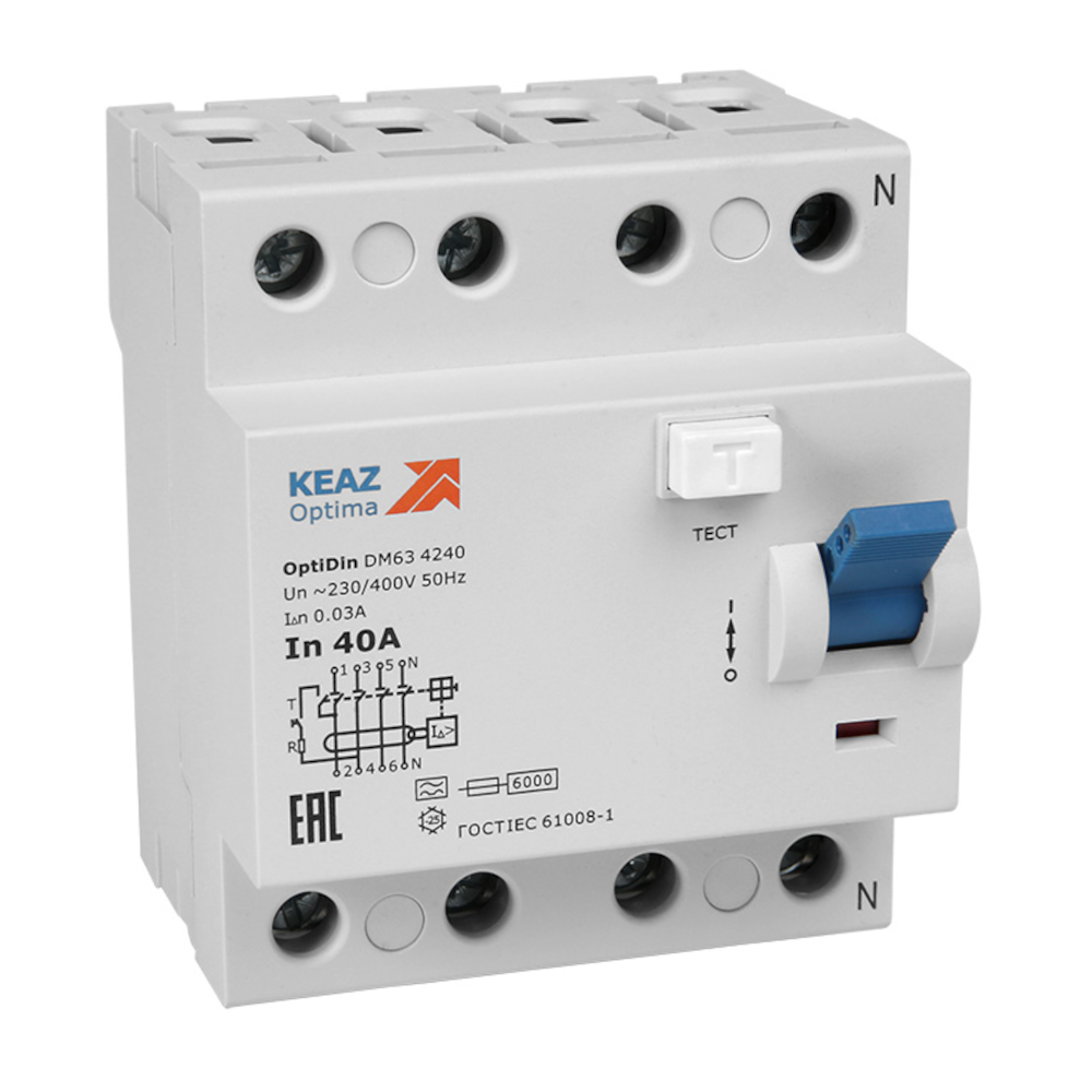 КЭАЗ ВДТ без защиты от сверхтоков OptiDin DМ63-4240-AС-УХЛ4 (4P, 40, 30mA)