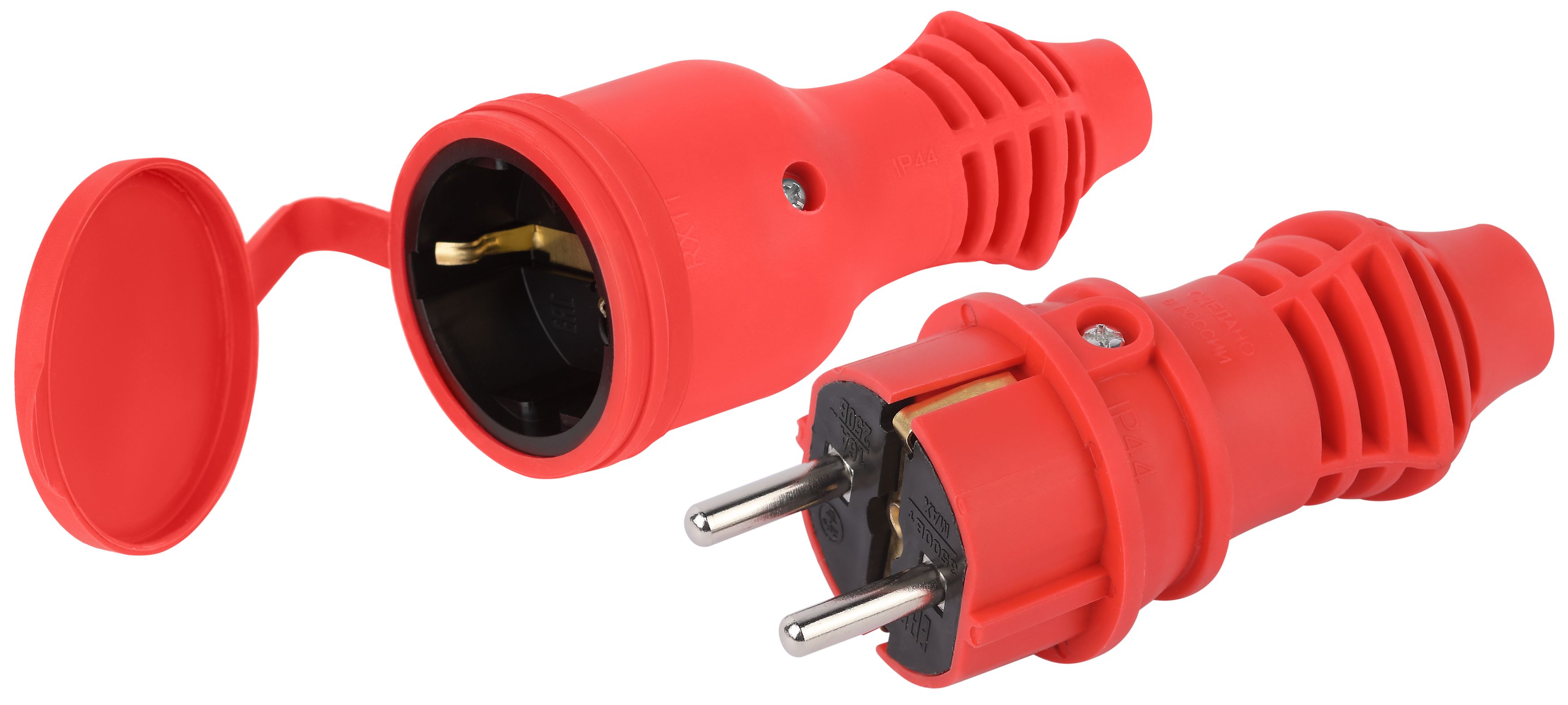 Набор вилка+розетка ЭРА VX13-R-IP44 + RX11-R-IP44 каучуковые c заземлением 16А IP44 прямые красные