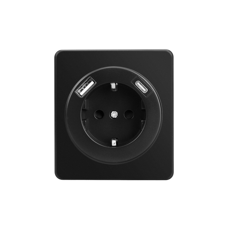 KRANZ ROUND Розетка 1-ая с/з с/у з/ш 16А с USB A+C быстрой зарядки 5В/3А оникс, с 1-пост. рамкой