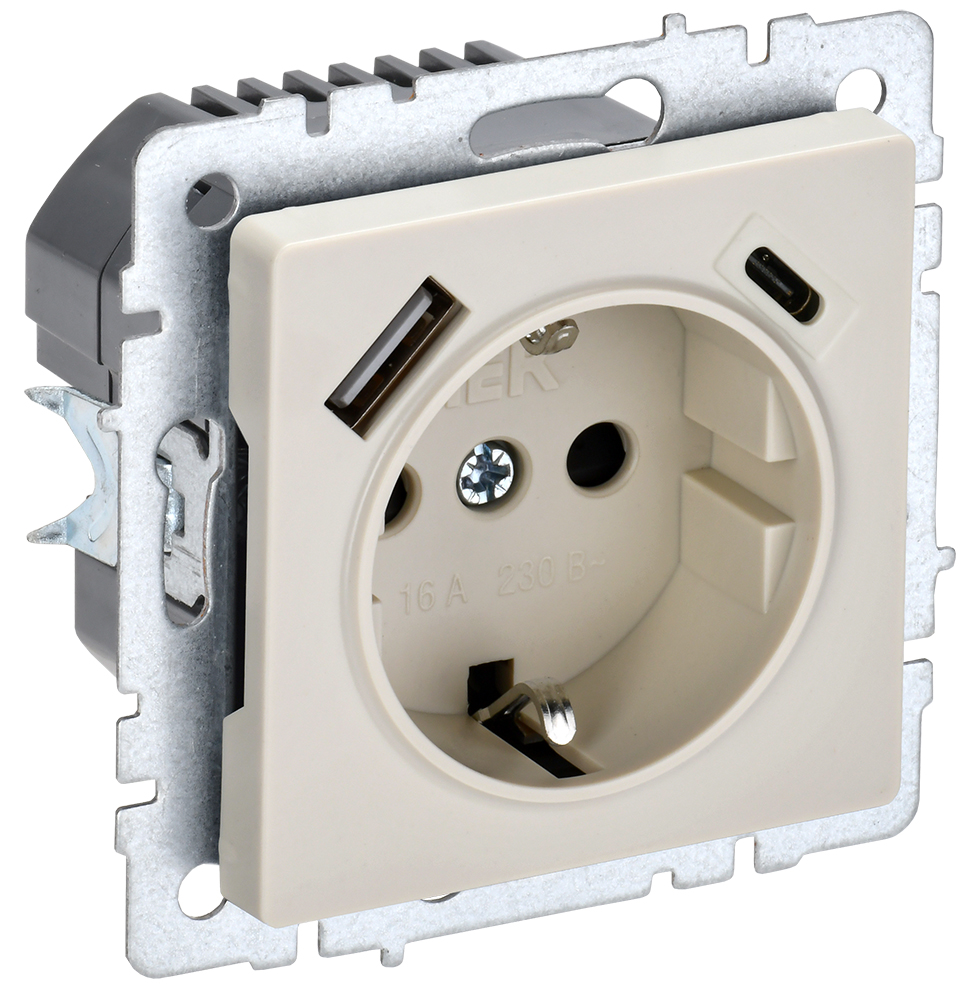IEK BRITE Роз. с з/к/ш 16А с USB A+C 18Вт РЮш11-1-БрКр беж.