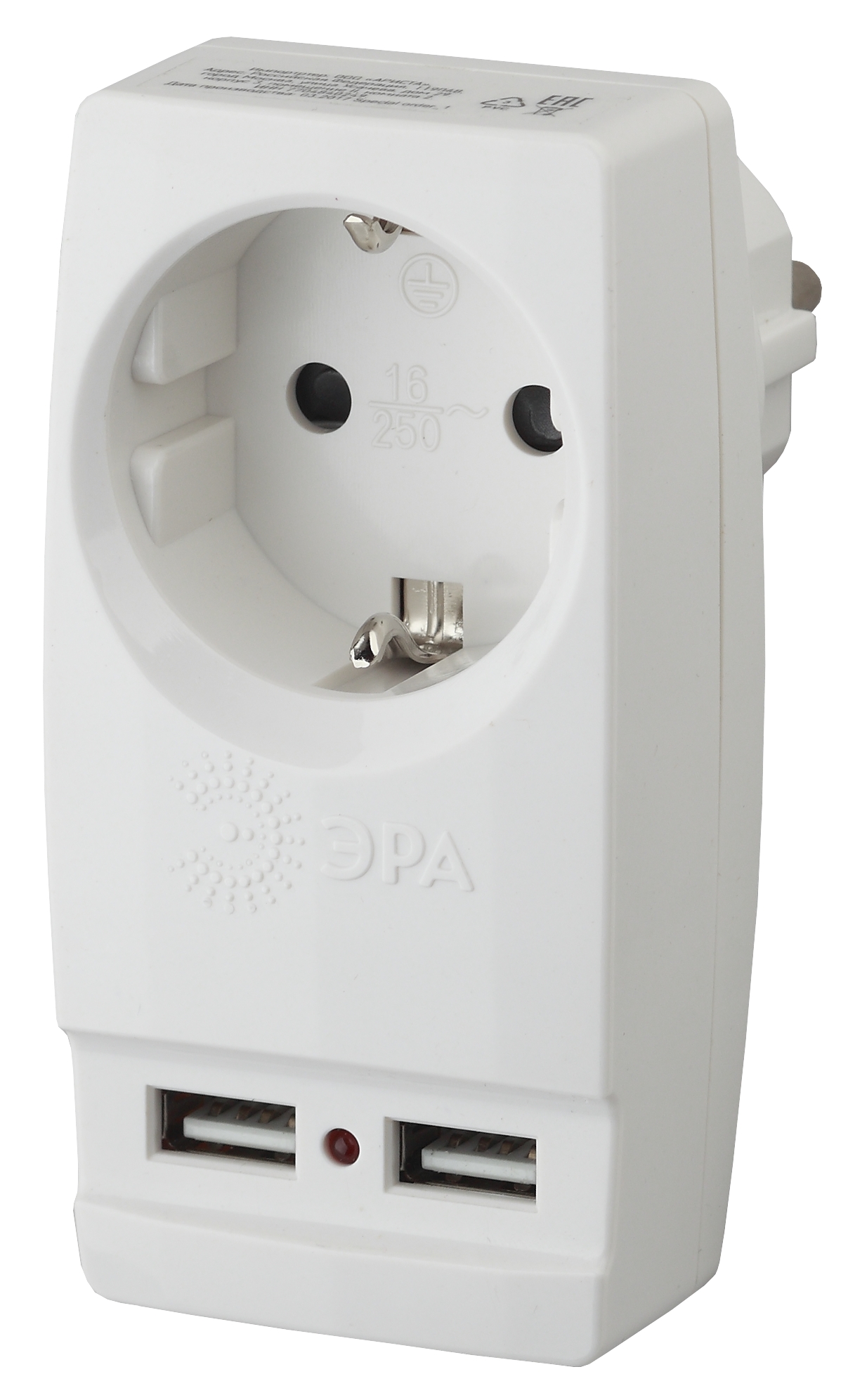 ЭРА Разветвитель электрический SP-1e-USB-W на 1 розетку + 2 USB с заземлением 16А белый