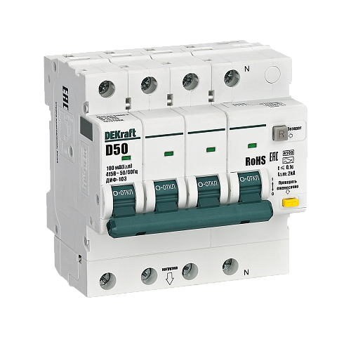 DEKraft АВДТ 3P+N 50А 100мА AC х-ка D ДИФ-103 4.5кА