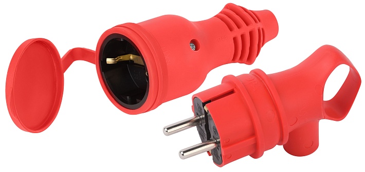 Набор вилка+розетка ЭРА VX12-R-IP44 + RX11-R-IP44 каучуковые c заземлением 16А IP44 с кольцом угловая красная