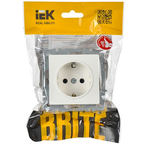 IEK BRITE Розетка 1-местная с заземлением с защитными шторками 16А РС14-1-0-БрБ белый