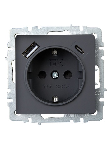 IEK BRITE Роз. с з/к/ш 16А с USB A+C 18Вт РЮш11-1-БрГ граф.