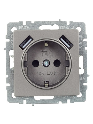 IEK BRITE Роз. с з/к/ш 16А с USB A+A 3,1А РЮш10-2-БрС сталь
