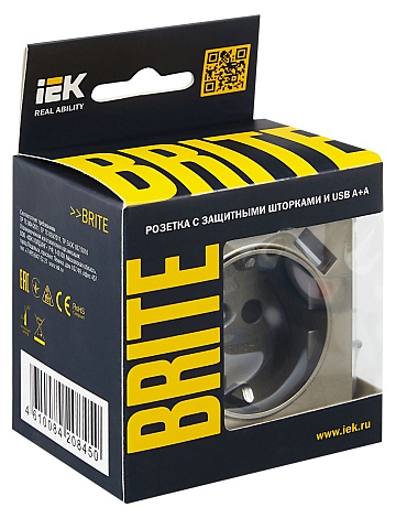 IEK BRITE Роз. с з/к/ш 16А с USB A+A 2,1А РЮш10-1-БрШ шамп.