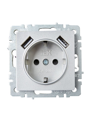 IEK BRITE Роз. с з/к/ш 16А с USB A+A 2,1А РЮш10-1-БрА алюм.