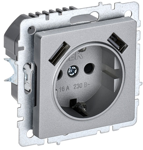 IEK BRITE Роз. с з/к/ш 16А с USB A+A 2,1А РЮш10-1-БрА алюм.