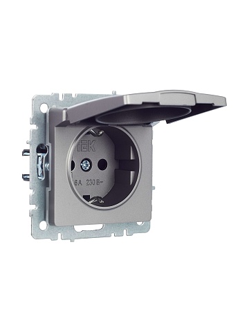 IEK BRITE Розетка 1-местная с заземлением с защитными шторками и крышкой 16А IP44 РСбш10-3-44-БрС сталь