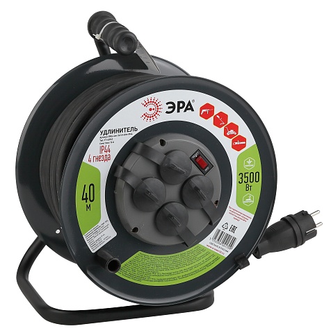 ЭРА Удлинитель силовой RMx-4es-3x2.5-40m-IP44(KG) на металлической катушке c заземлением 4 розетки 40м КГ 3х2.5мм2