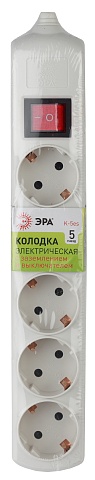 ЭРА Колодка K-5es 5 розеток с зазeмлением с выключателем белая