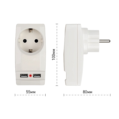 ЭРА Разветвитель электрический SP-1e-USB-W на 1 розетку + 2 USB с заземлением 16А белый