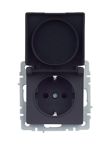 IEK BRITE Розетка 1-местная с заземлением с защитными шторками и крышкой 16А IP44 РСбш10-3-44-БрГ графит