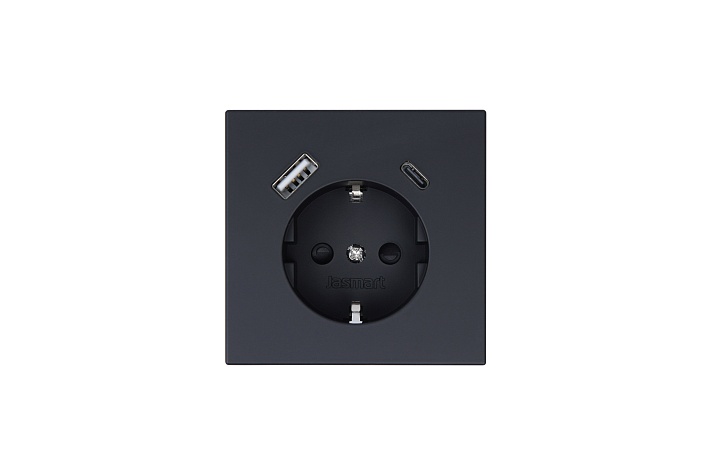 Jasmart FD Черный матовый (soft touch) Розетка с/з со шторками 16A c USB A+C 25W