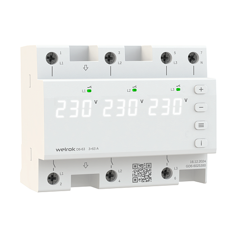 Welrok D6-63 Реле напряжения 3 х 63 А (max 3 х 80 A) 3 х 14 490 ВА