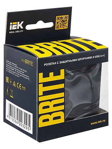 IEK BRITE Роз. с з/к/ш 16А с USB A+C 18Вт РЮш11-1-БрЧ черн.