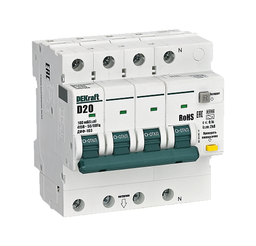 DEKraft АВДТ 3P+N 20А 100мА AC х-ка D ДИФ-103 4.5кА