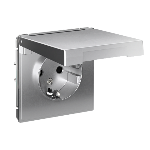 Systeme Electric ArtGallery Алюминий Розетка с заземл. со шторк. с крышкой, 16А, IP20, механизм