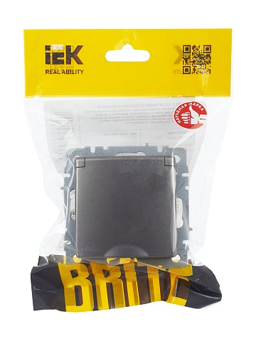 IEK BRITE Розетка 1-местная с заземлением с защитными шторками и крышкой 16А IP20 РСбш10-3-БрС сталь