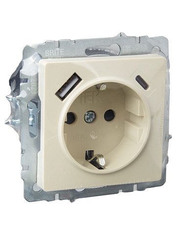 IEK BRITE Роз. с з/к/ш 16А с USB A+C 18Вт РЮш11-1-БрКр беж.