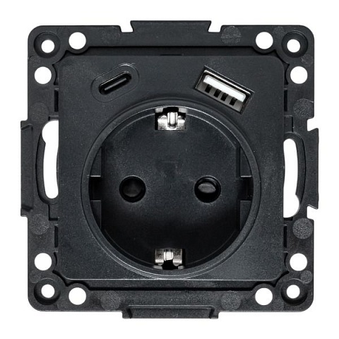 EKF Стокгольм Механизм Розетки 1-местной с/з, USB A+C 16А винтовые клеммы черный с защ. штор..