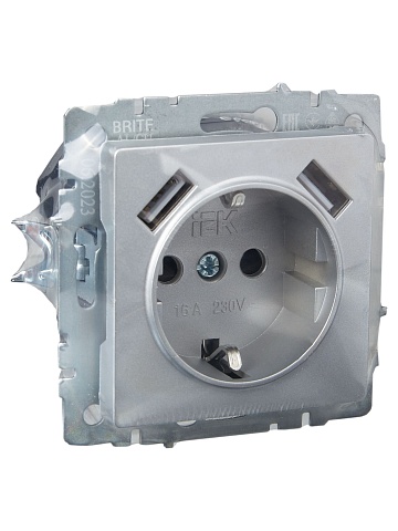 IEK BRITE Роз. с з/к/ш 16А с USB A+A 2,1А РЮш10-1-БрА алюм.
