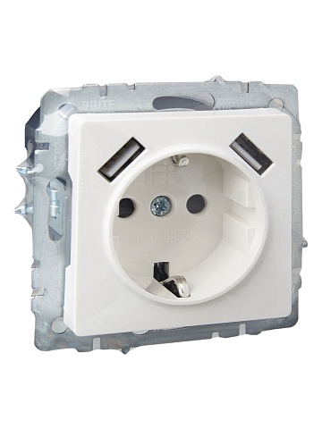 IEK BRITE Роз. с з/к/ш 16А с USB A+A 3,1А РЮш10-2-БрБ бел.