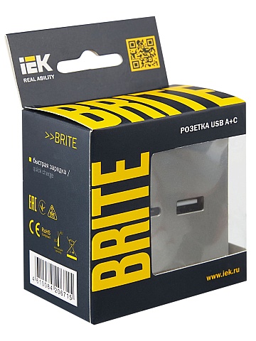 IEK BRITE Роз. USB A+C 18Вт РЮ11-1-БрС сталь