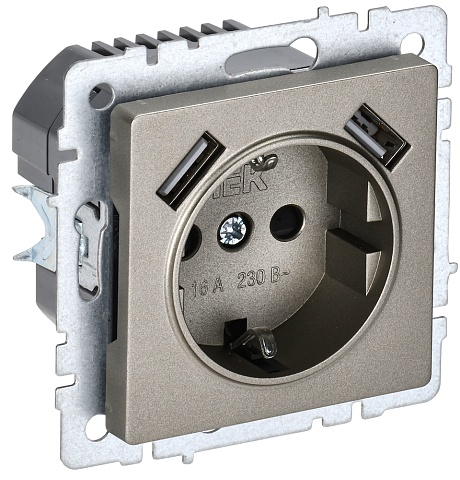 IEK BRITE Роз. с з/к/ш 16А с USB A+A 3,1А РЮш10-2-БрШ шамп.