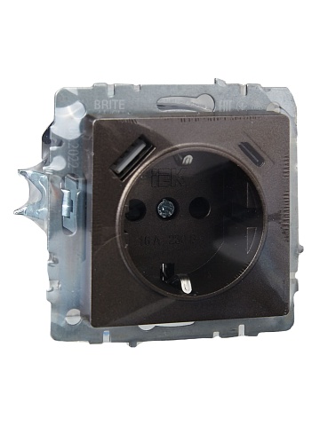 IEK BRITE Роз. с з/к/ш 16А с USB A+C 18Вт РЮш11-1-БрТБ бр.
