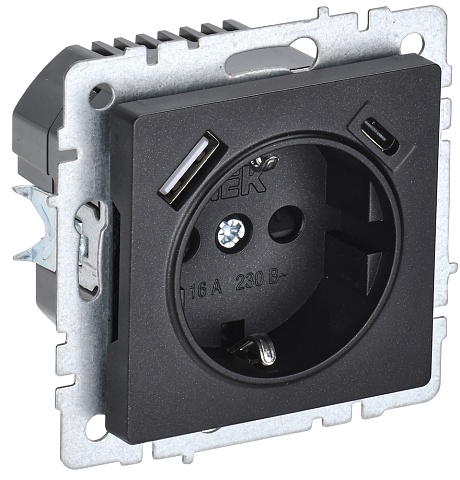 IEK BRITE Роз. с з/к/ш 16А с USB A+C 18Вт РЮш11-1-БрЧ черн.